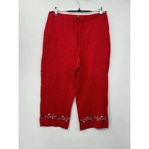 Sag Harbor 12P Capri Pants Womens Red Linen Blend Embroidered Hem T42039JC